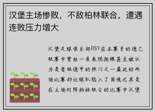 汉堡主场惨败，不敌柏林联合，遭遇连败压力增大