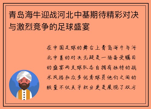 青岛海牛迎战河北中基期待精彩对决与激烈竞争的足球盛宴